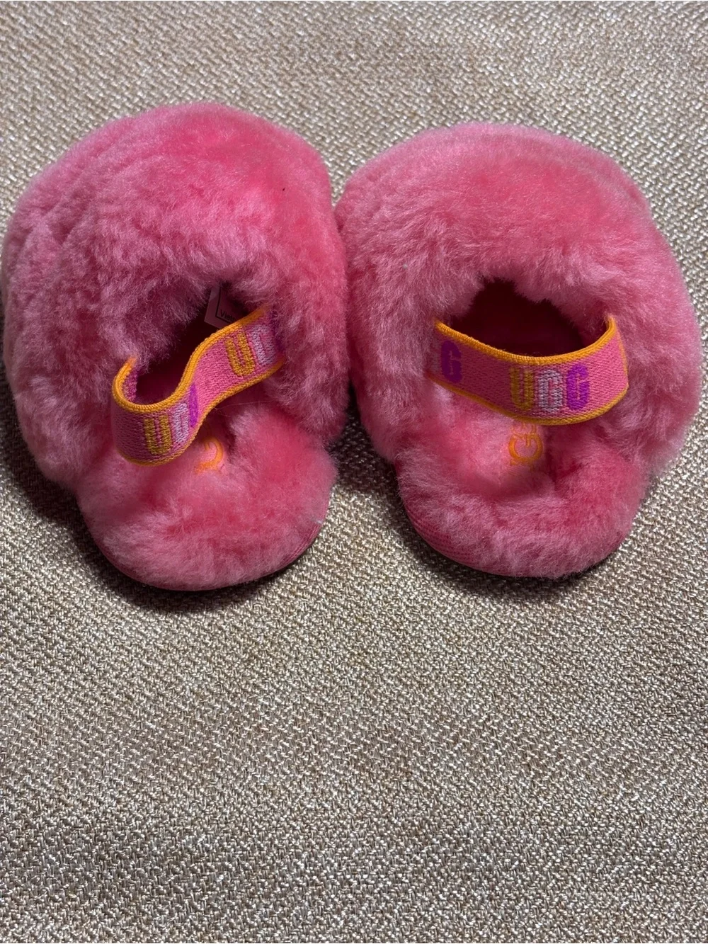 UGG T Fluff Yeah Slide Pink Fur Logo Baby Slippers US Size 2/3